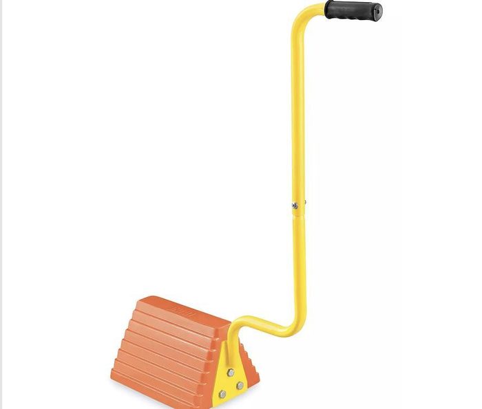 Yellow and orange foot-operated floor scraper with handle