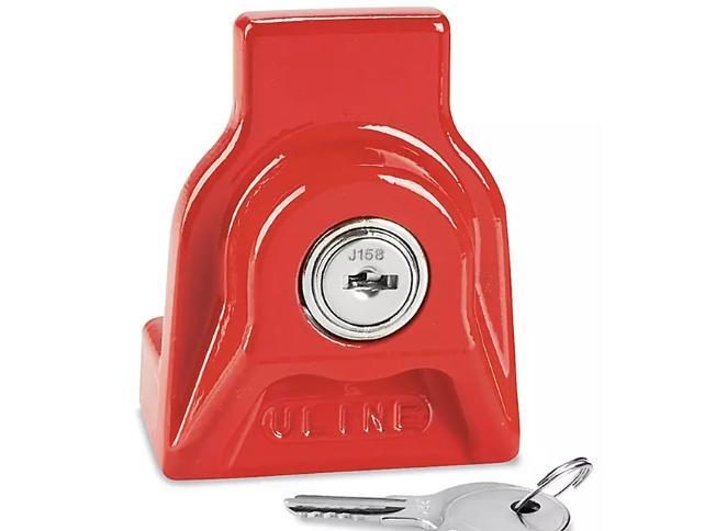 Red padlock with key and model number J159 displayed