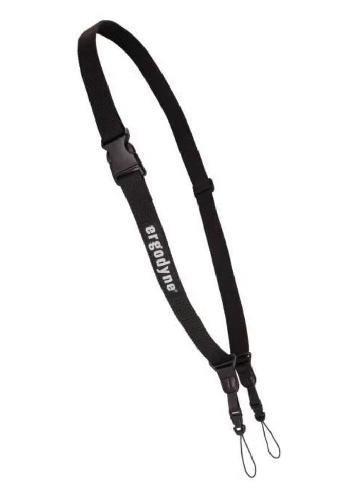 Camera neck strap with dual attachment loops and brand name marking