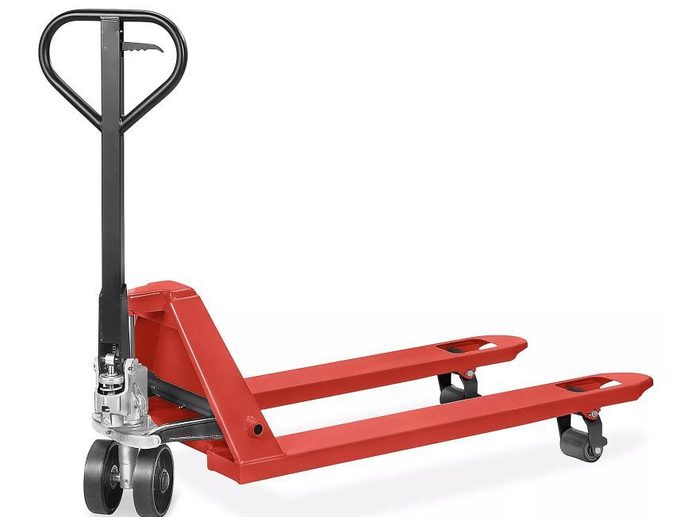 Hand pallet jack with dual forks and steering handle