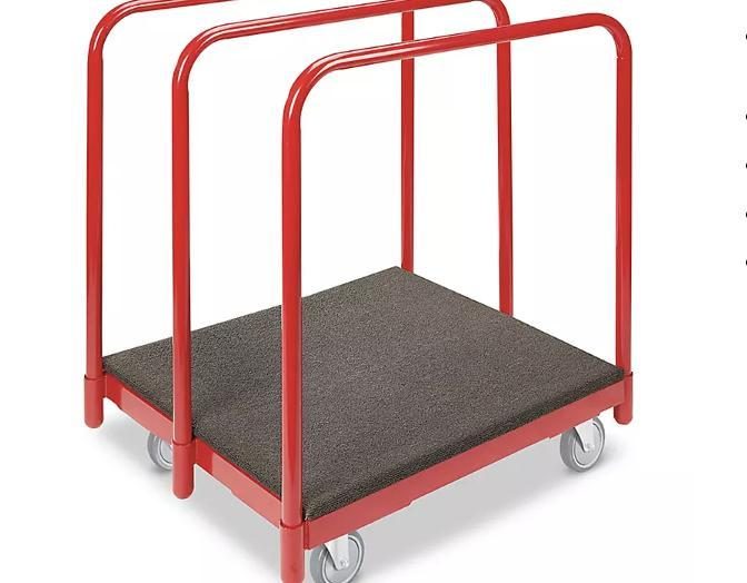 Red utility cart with dark platform and four curved protective side rails