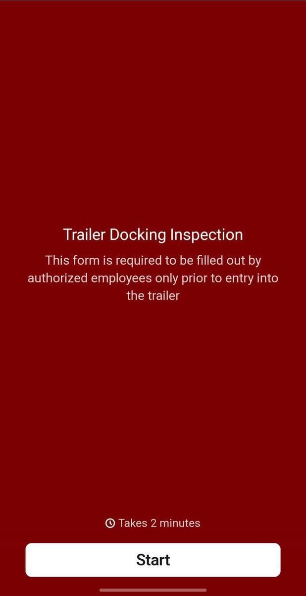 Trailer Docking Inspection form introduction screen with start button