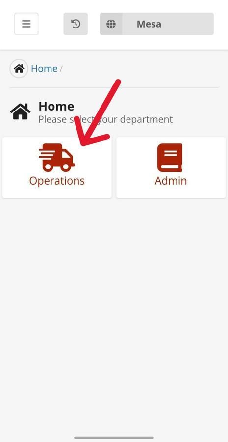 Mesa software home screen showing Operations and Admin department selection