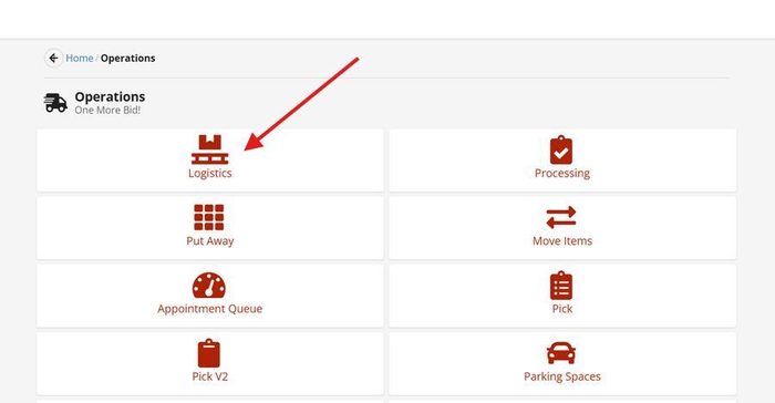 Operations menu screen showing Logistics, Processing, Put Away, Move Items, Appointment Queue, Pick, Pick V2, and Parking Spaces options