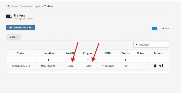Trailers management interface showing active trailer inventory with sortable columns