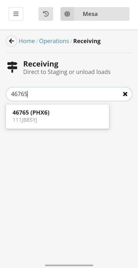 Receiving module search interface displaying warehouse location 46765 PHX6
