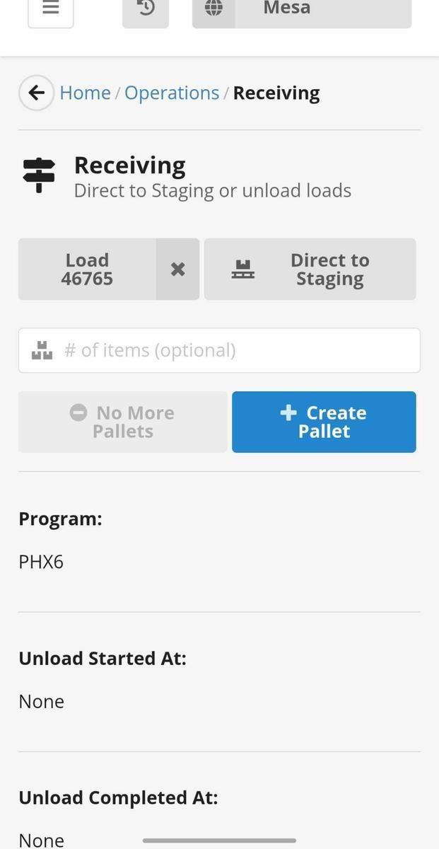 Receiving screen for Load 46765 direct to staging workflow