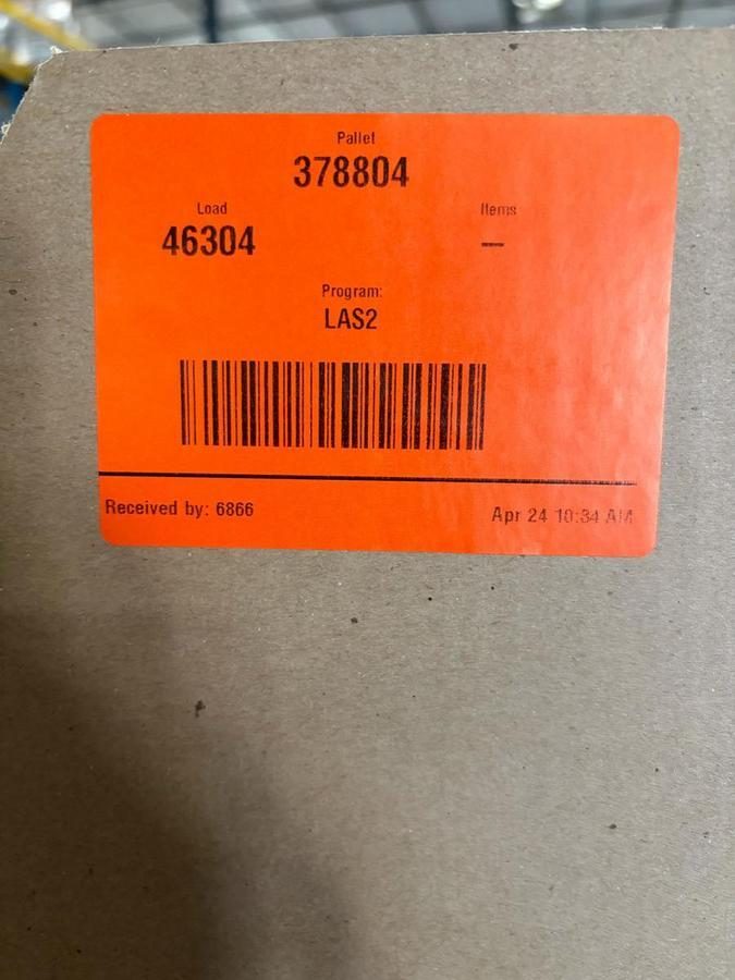 Orange pallet label with load, pallet, and program information