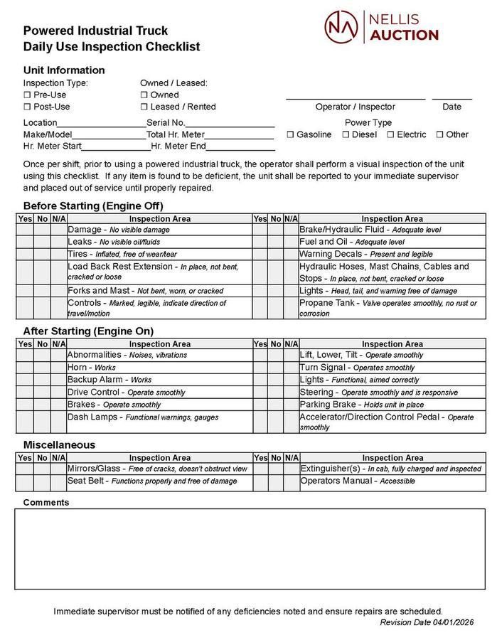 Powered Industrial Truck Daily Use Inspection Checklist form
