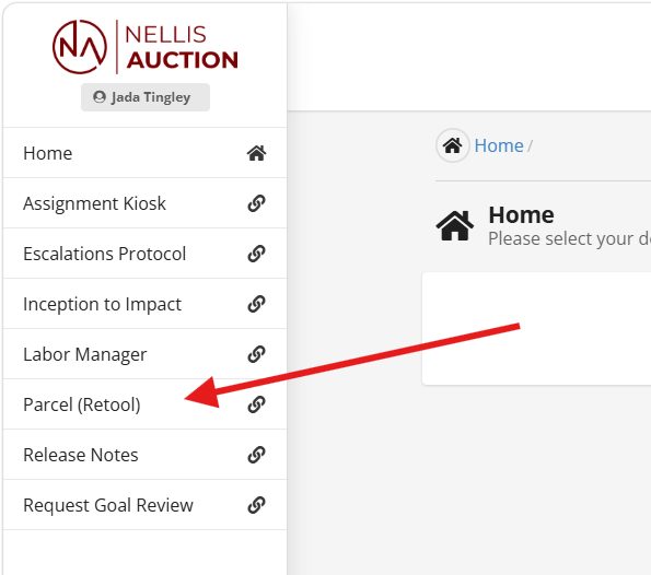 Nellis Auction warehouse software menu with Parcel Retool option highlighted