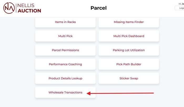 Parcel module menu showing warehouse management feature options and tools