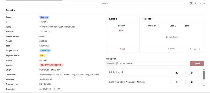 Order details screen showing buyer information and file uploads
