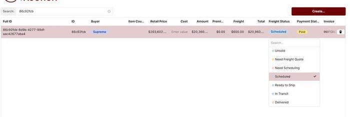 Order management interface showing shipment status and freight tracking details