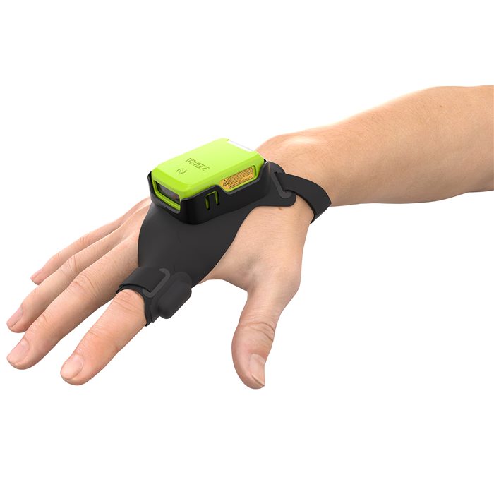 Wrist-mounted headlamp with green battery pack and black strap