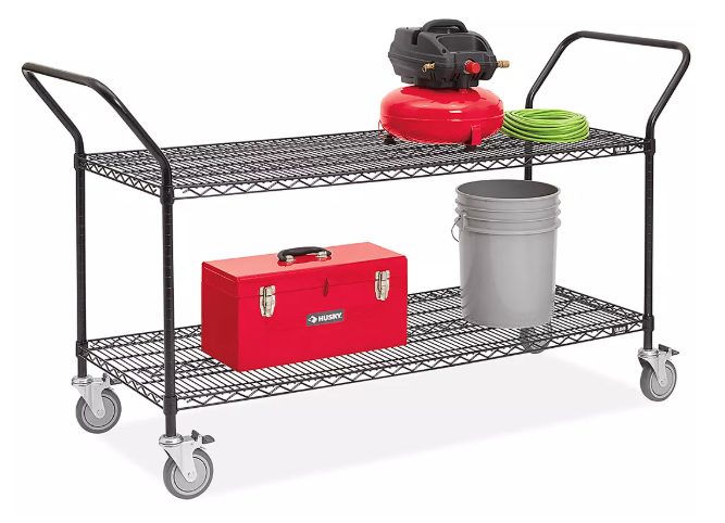 Two-tier utility cart with tools and equipment storage on wheels