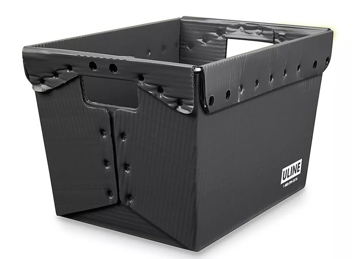 Black collapsible plastic tote with handles and drainage holes