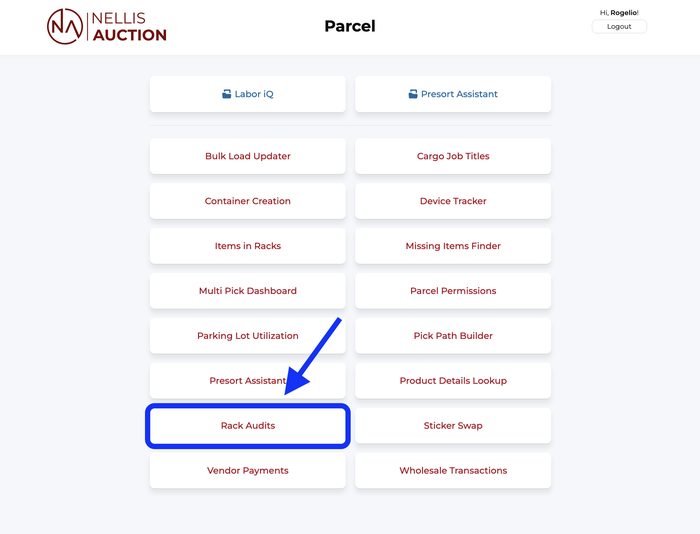 Parcel module menu with various warehouse management tool options highlighted