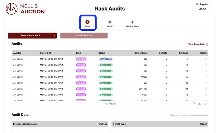 Rack Audits interface showing audit history and defect details table