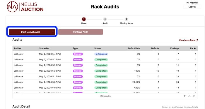 Rack Audits screen showing auditor activity and defect tracking data