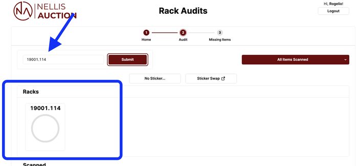 Rack Audits interface showing scanned rack 19001.114 with no sticker