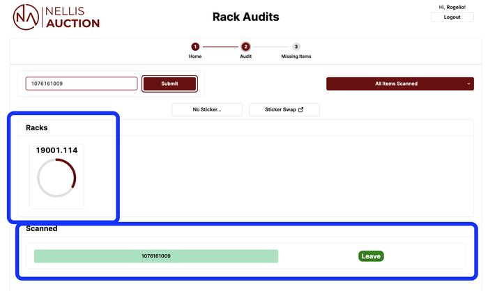 Rack Audits interface showing scanned item and rack details
