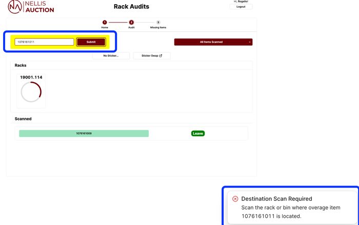 Rack audit interface showing scan status and destination scan required error