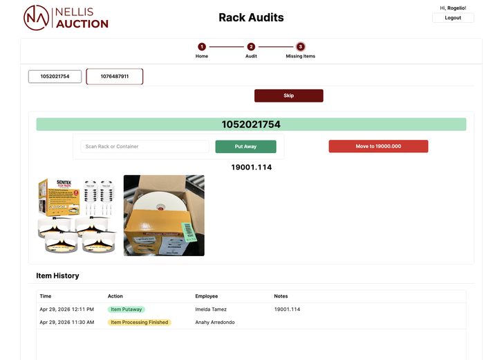 Rack audit interface showing item 1052021754 with history and images
