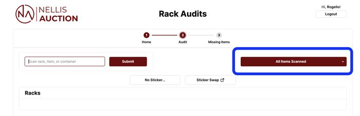 Rack Audits interface showing home, audit, and missing items steps