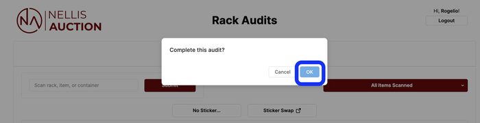 Rack Audits completion confirmation dialog with Cancel and Done buttons