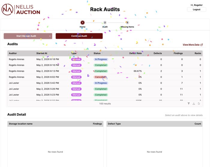 Rack Audits screen showing audit history and defect tracking details
