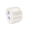 Clear packing tape roll with blue branding label