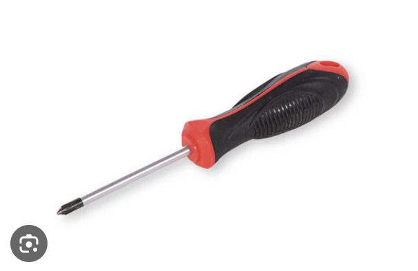 Screwdriver with red and black handle, Phillips head tip