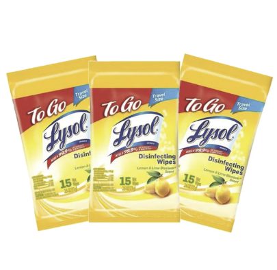 Three packages of Lysol disinfecting wipes in yellow packaging