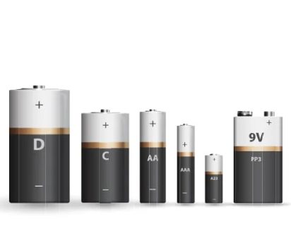 Batteries in various sizes from D to 9V arranged by capacity