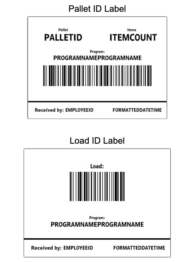 Pallet and Load ID label templates with barcode and program information fields