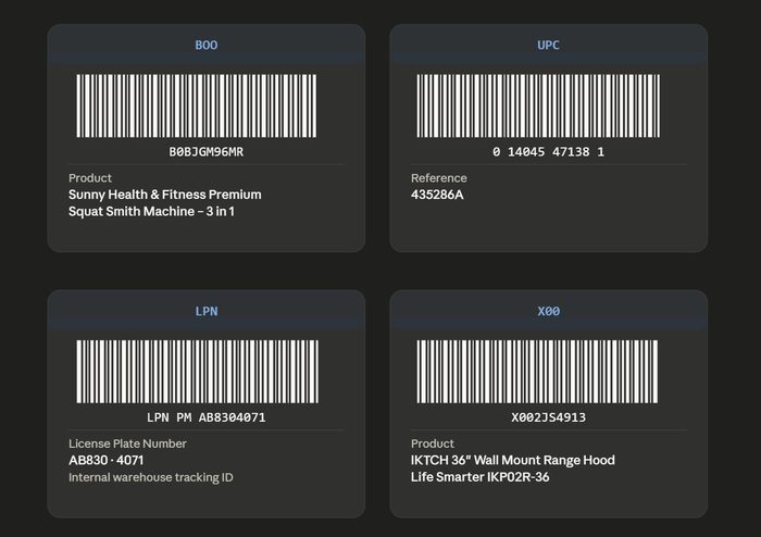Four product barcodes with codes, references, and identifying information