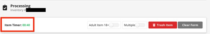 Item Timer display showing 00:40 with processing inventory management controls