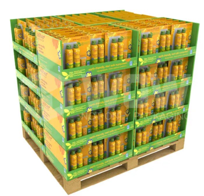 Pallet of boxed sunscreen products stacked in warehouse storage configuration