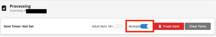 Processing screen showing item timer and multiple toggle button highlighted