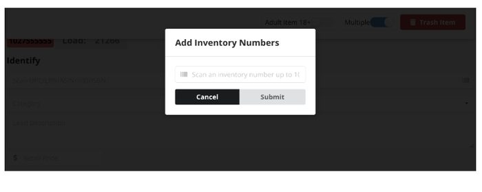 Dialog box prompting user to scan or enter inventory numbers