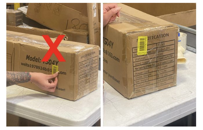 Cardboard box with incorrect model number marked with red X