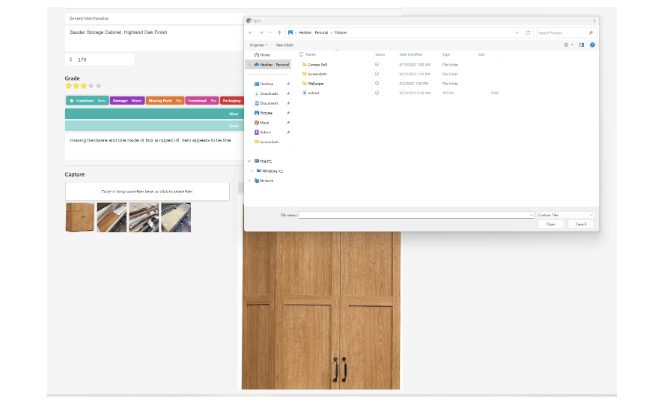 Storage cabinet product listing with specifications and inventory details displayed