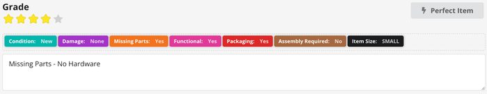 Item grading interface showing condition, damage, missing parts, and functionality status