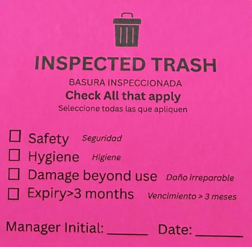 Inspected trash checklist form with safety hygiene damage expiry criteria