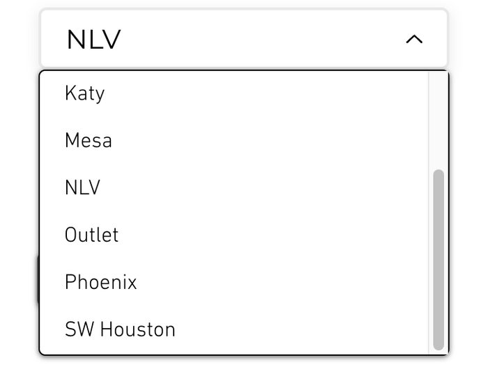 Dropdown menu showing NLV warehouse location options including Katy and Phoenix