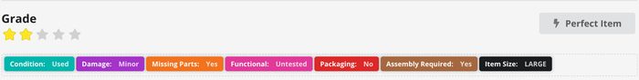 Item grading system showing condition, damage, parts, functionality, packaging, and assembly status