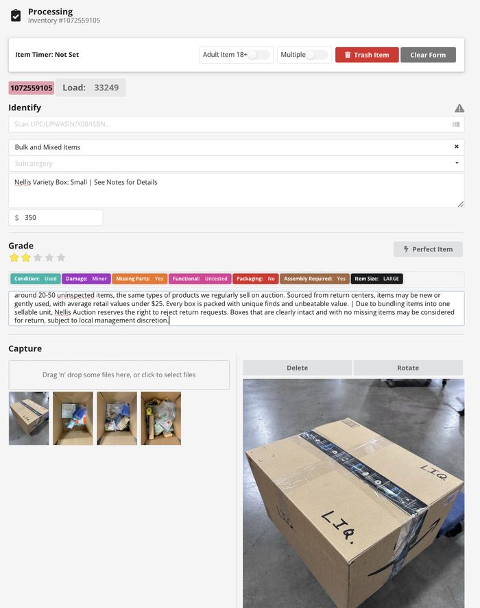 Inventory processing screen for bulk mixed items with damage noted