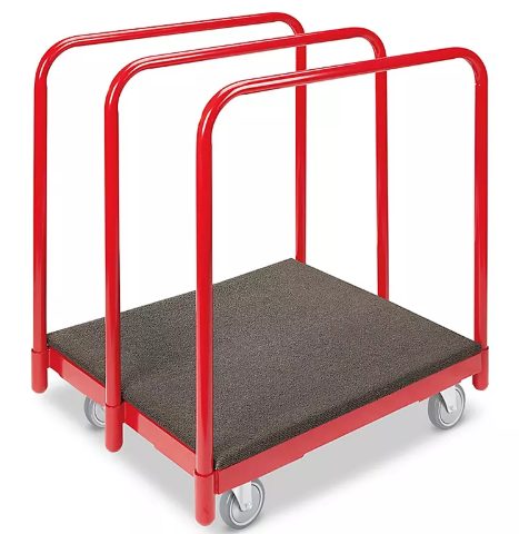 Red metal panel cart with dark gray platform and casters