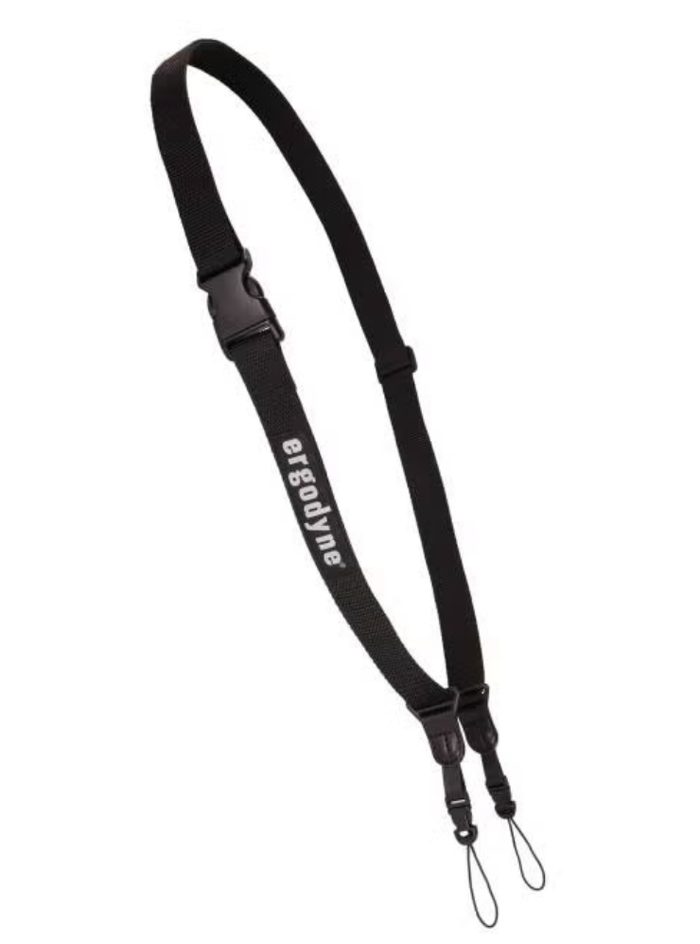 Black camera strap with dual attachment loops and adjustment buckle