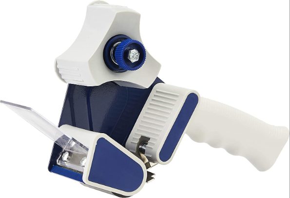 Tape dispenser, blue and white, with tape roll and dispenser head